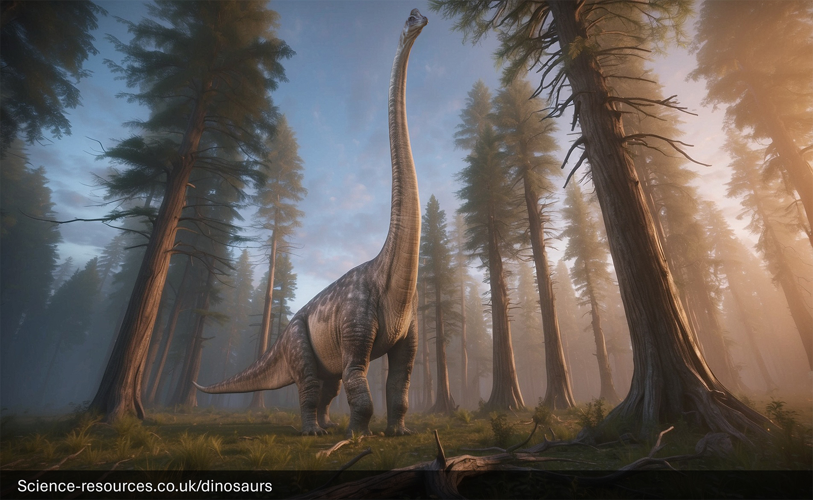 A 2024 / 2025 modern realistic rendering of a Brachiosaurus in a forest setting. The dinosaur is shown mid-roar, with its mouth open wide, exposing its sharp teeth. It’s surrounded by tall trees and the ground is covered with grass and ferns. Sunlight filters through the trees, casting an ethereal glow on the scene.