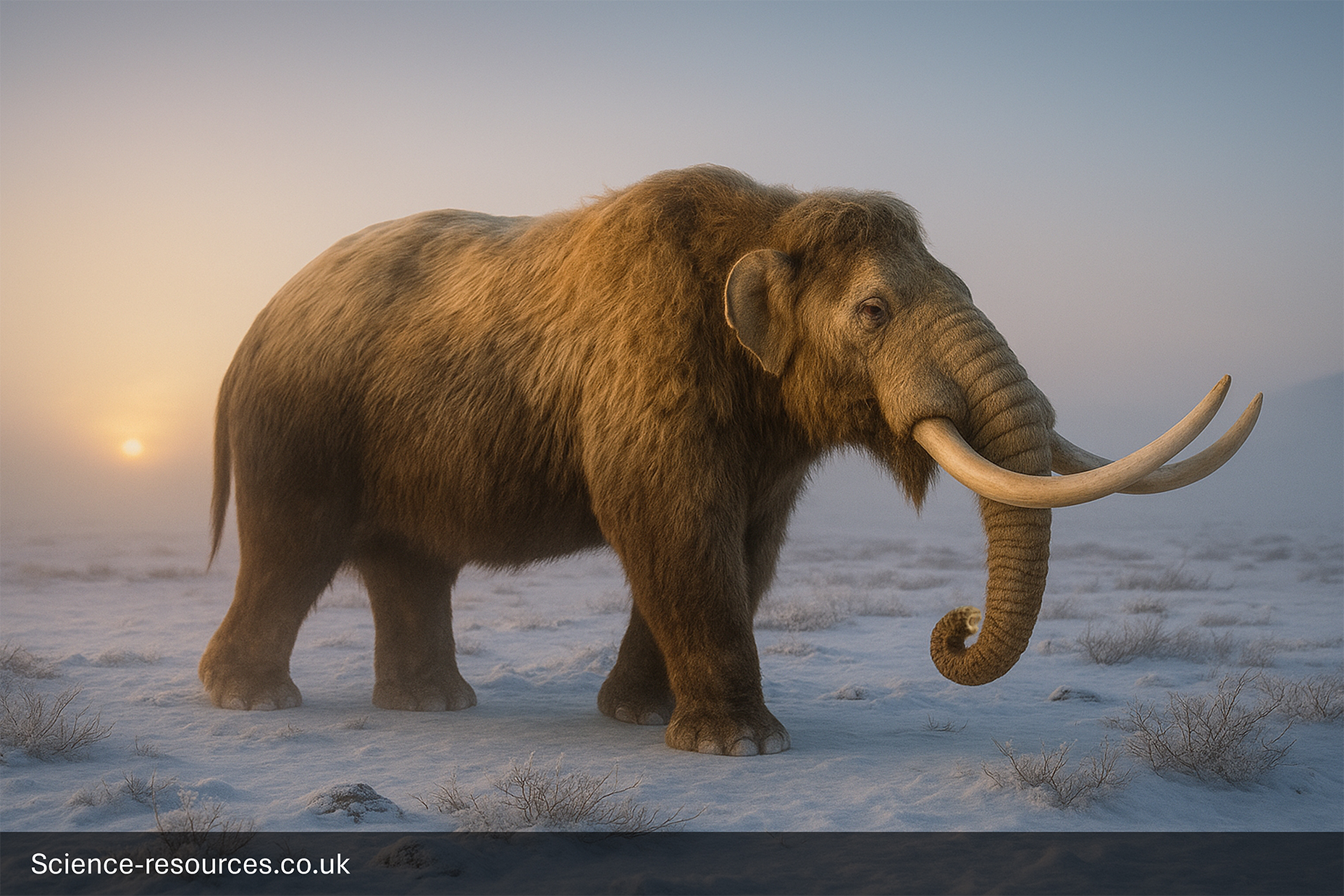 A photorealistic computer-generated image of the Ice Age Mastodon
