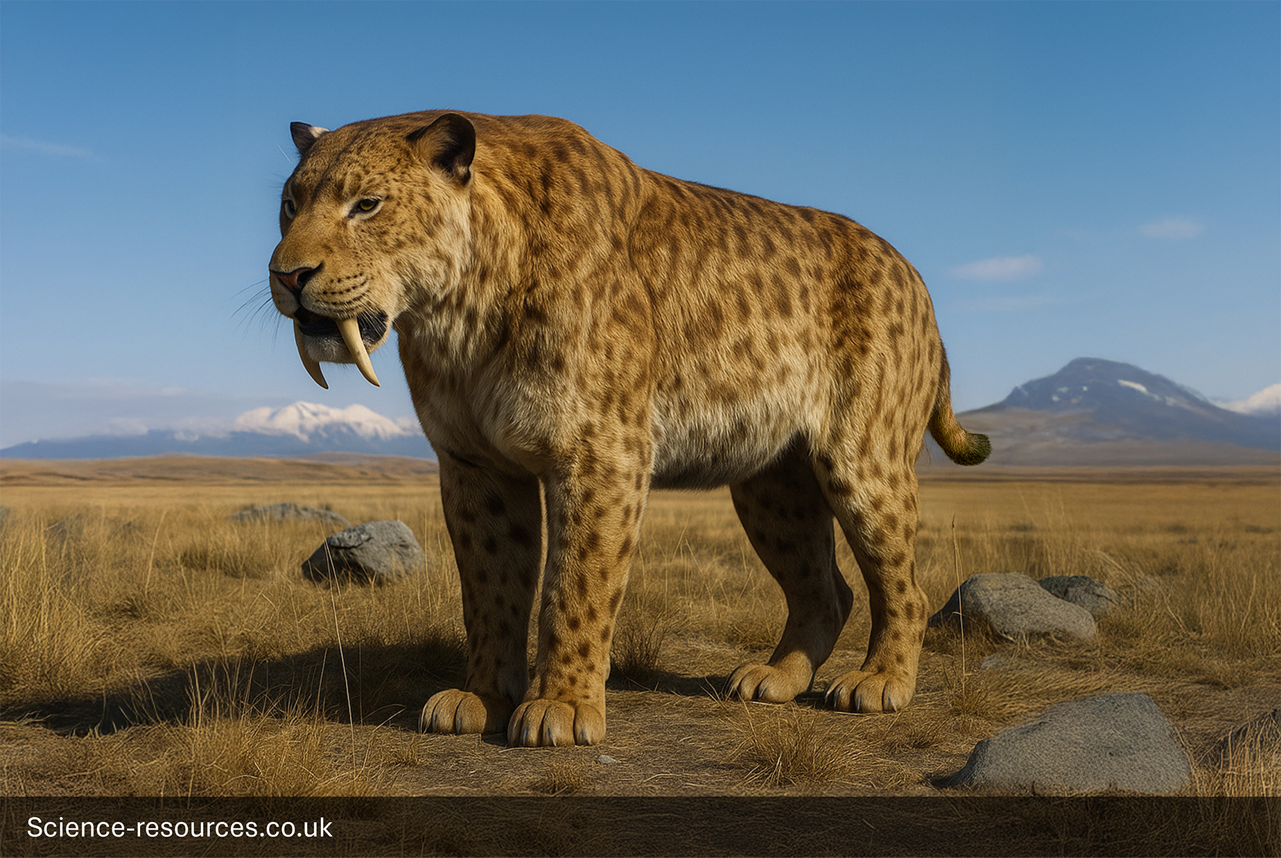 A menacing, photorealistic computer-generated image of the Ice Age Smilodon.